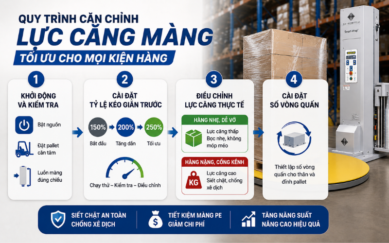 Quy trình căn chỉnh lực căng màng tối ưu cho mọi kiện hàng