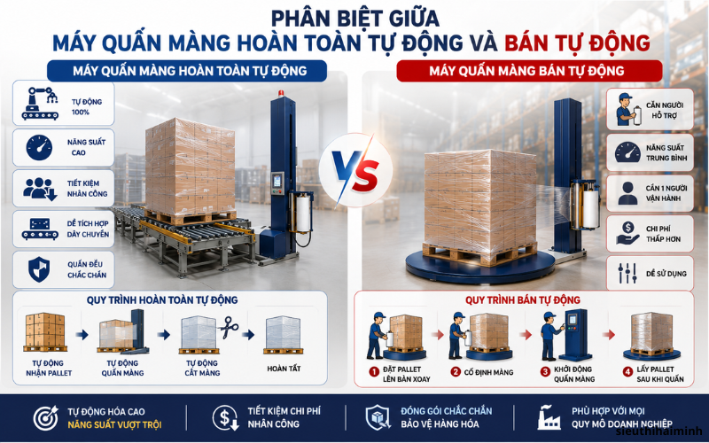Phân biệt máy quấn màng tự động và bán tự động