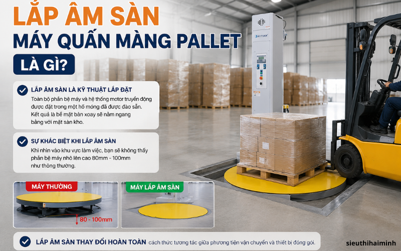 Lắp âm sàn máy quấn màng pallet là gì?
