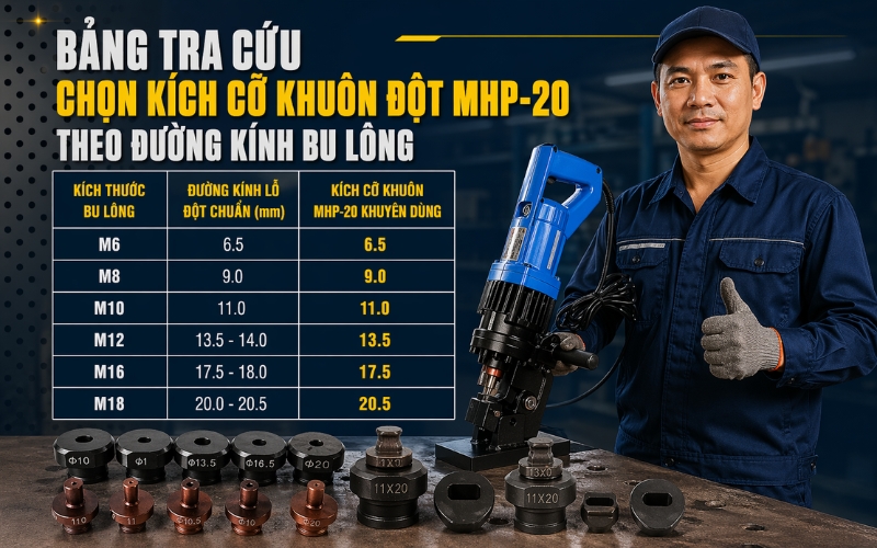Bảng tra cứu chọn kích cỡ khuôn đột MHP-20 theo đường kính bu lông