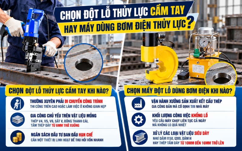 Chọn đột lỗ thủy lực cầm tay hay máy dùng bơm điện thủy lực?