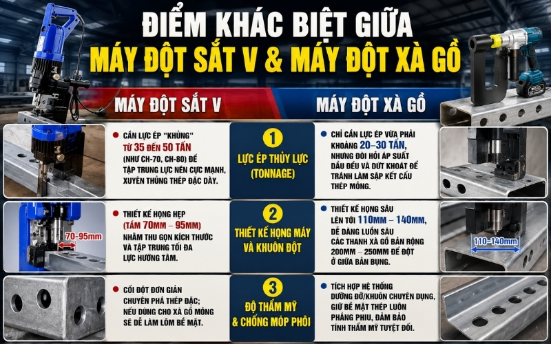 Điểm khác biệt giữa máy đột sắt V và máy đột xà gồ
