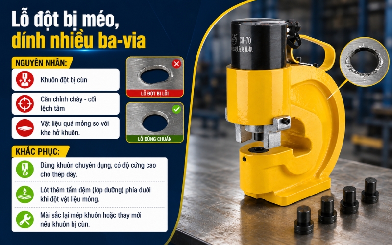 Lỗ đột bị méo, không đều, dính nhiều ba-via