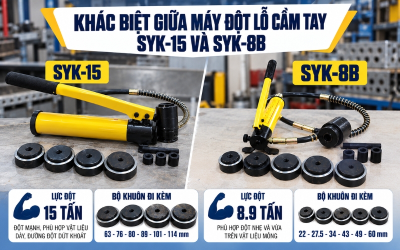 Máy đột lỗ thủy lực cầm tay SYK-15 và SYK-8B khác nhau ở đâu