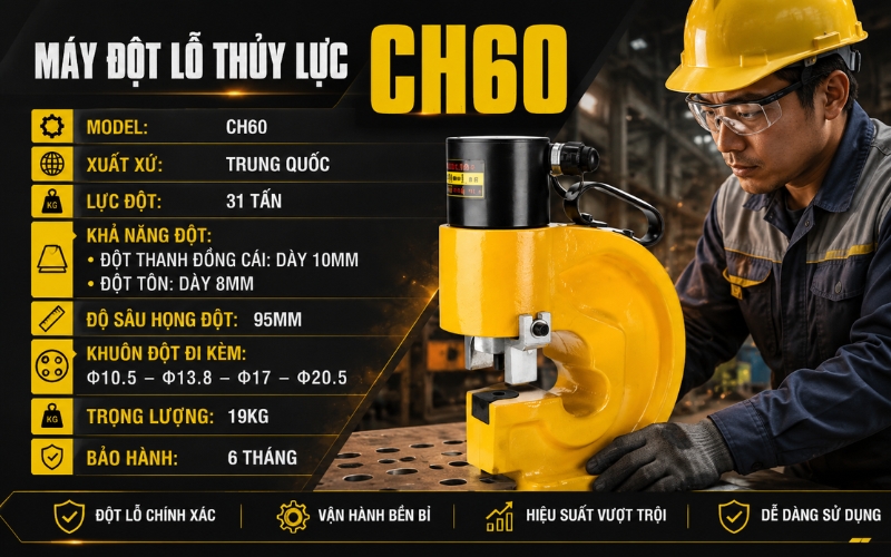 Máy đột lỗ thủy lực CH60 kết hợp bơm điện