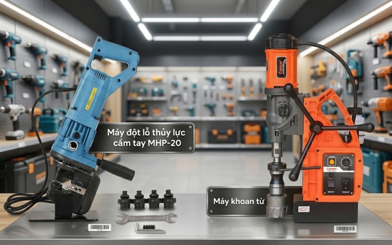 So sánh máy đột lỗ cầm tay MHP-20 và máy khoan từ