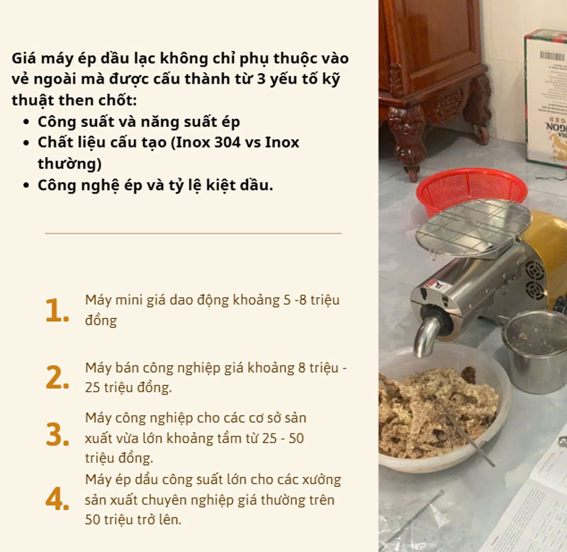 Máy ép dầu lạc giá bao nhiêu? Cập nhật bảng giá mới nhất