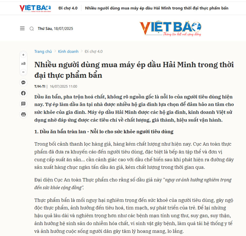 Báo chí nói gì về máy ép dầu Hải Minh