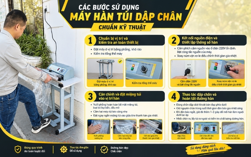 Các bước sử dụng máy hàn túi dập chân chuẩn kỹ thuật