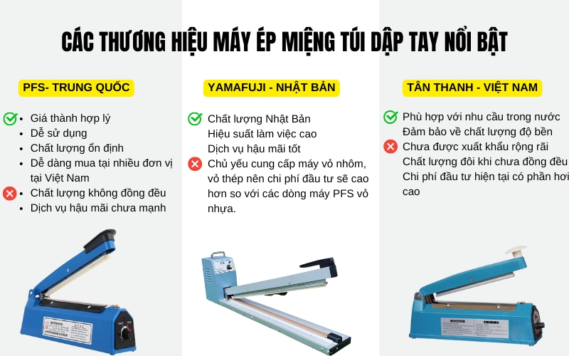 Các thương hiệu máy ép miệng túi dập tay nổi bật