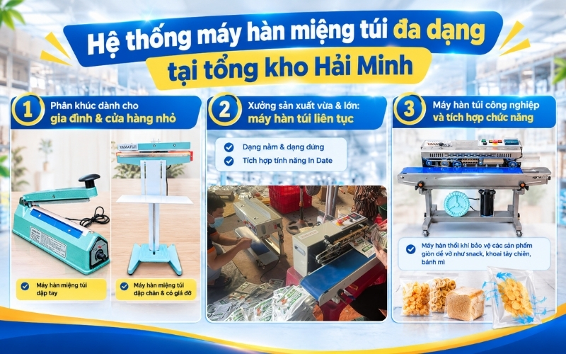 Hệ thống máy hàn miệng túi đa dạng tại tổng kho Hải Minh