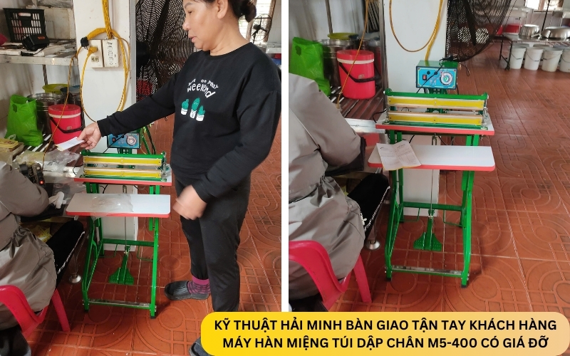 Máy hàn miệng túi dập chân M5-400 có giá đỡ