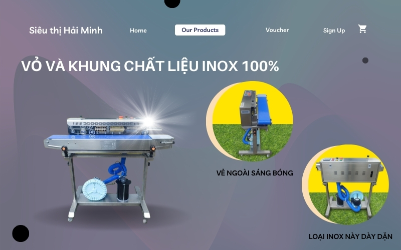 Máy dán miệng túi SF-150G vỏ và khung chất liệu inox