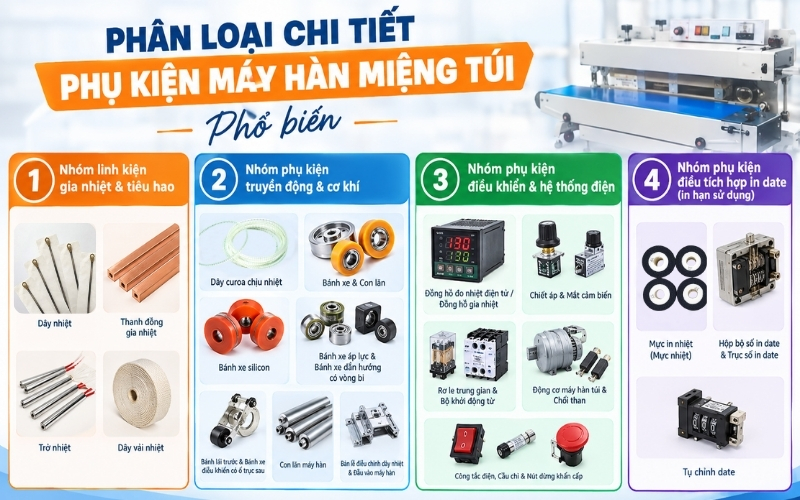 Phân loại chi tiết phụ kiện máy hàn miệng túi phổ biến