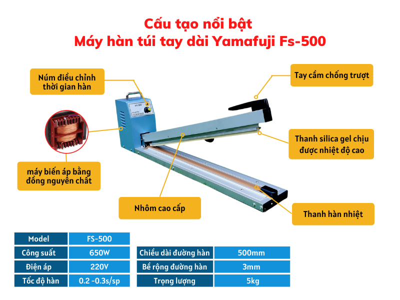 cấu tạo nổi bật Máy hàn miệng túi tay dài Yamafuji FS-500