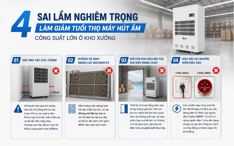 4 Sai lầm nghiêm trọng làm giảm tuổi thọ máy hút ẩm công suất lớn ở kho xưởng