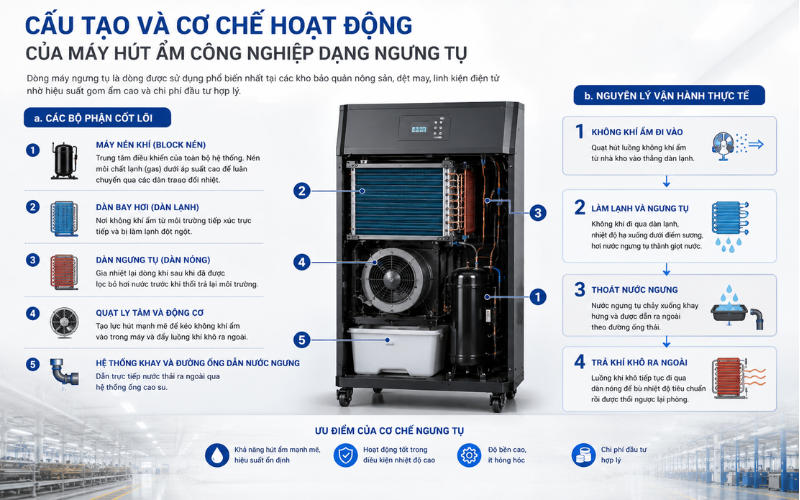 Cấu tạo và cơ chế hoạt động của máy hút ẩm công nghiệp dạng ngưng tụ