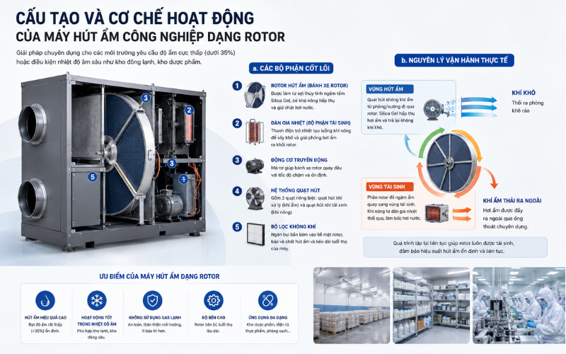 Cấu tạo và cơ chế hoạt động của máy hút độ ẩm công nghiệp dạng rotor