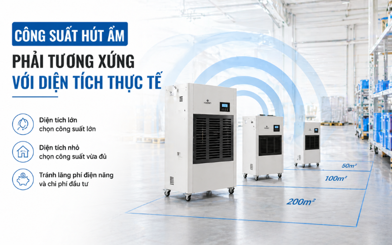 Công suất hút ẩm phải tương xứng với diện tích thực tế