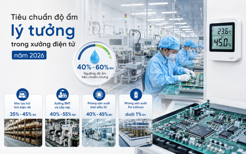 Tiêu chuẩn độ ẩm lý tưởng trong xưởng điện tử năm 2026