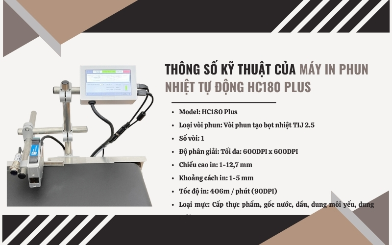 Thông số kỹ thuật của máy in phun nhiệt tự động HC180 Plus