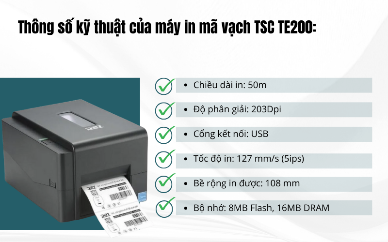 Thông số kỹ thuật của máy in mã vạch TSC TE200 (USB,blutooth)