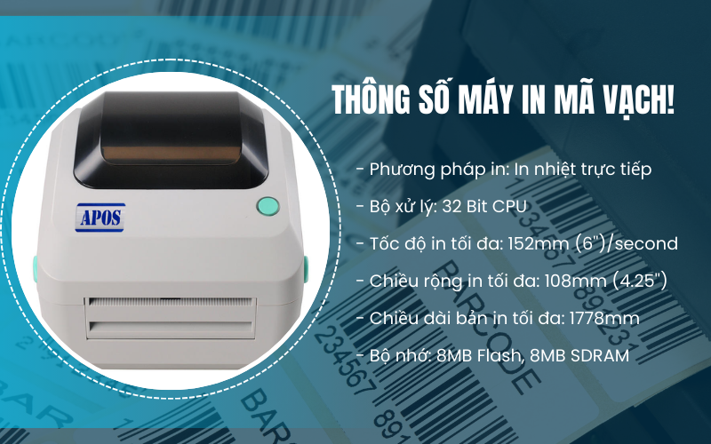 thông số kỹ thuật  của Máy in tem nhãn Apos-470B-U