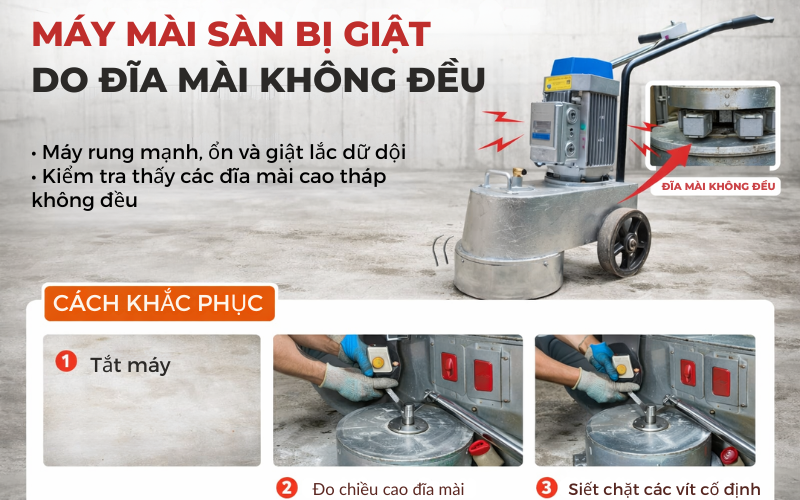 Máy mài sàn bị giật do đĩa mài không đều
