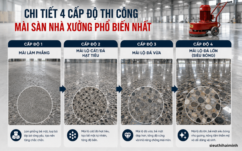 Chi tiết 4 cấp độ thi công mài sàn nhà xưởng phổ biến nhất