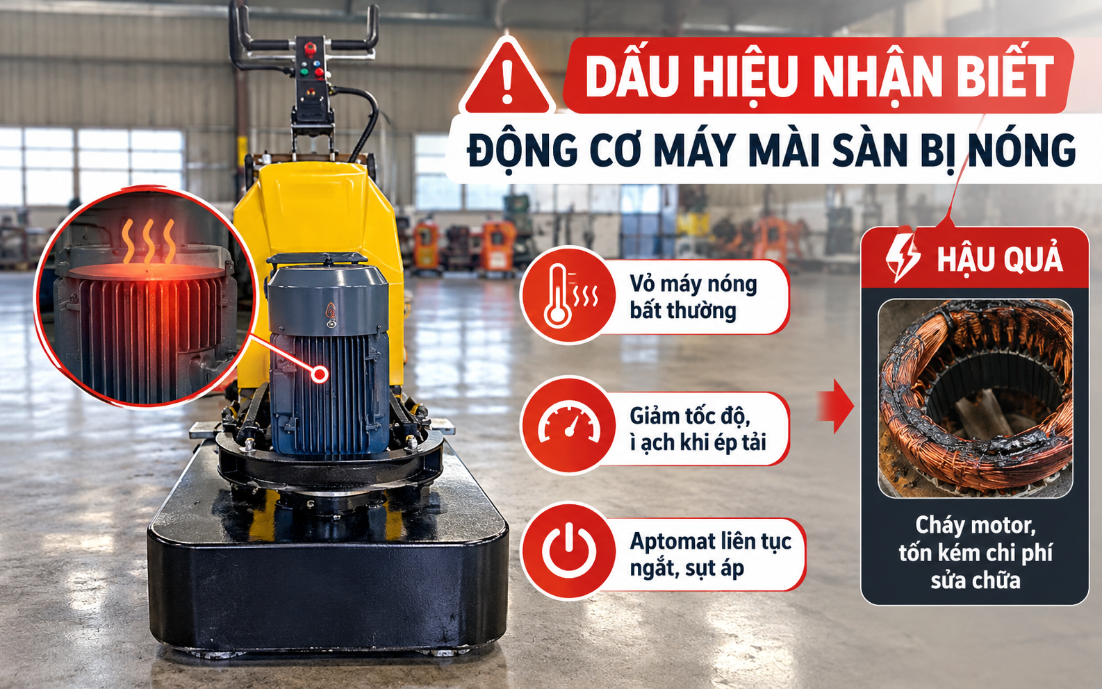 Dấu hiệu nhận biết và tác hại khi động cơ máy mài sàn bị nóng