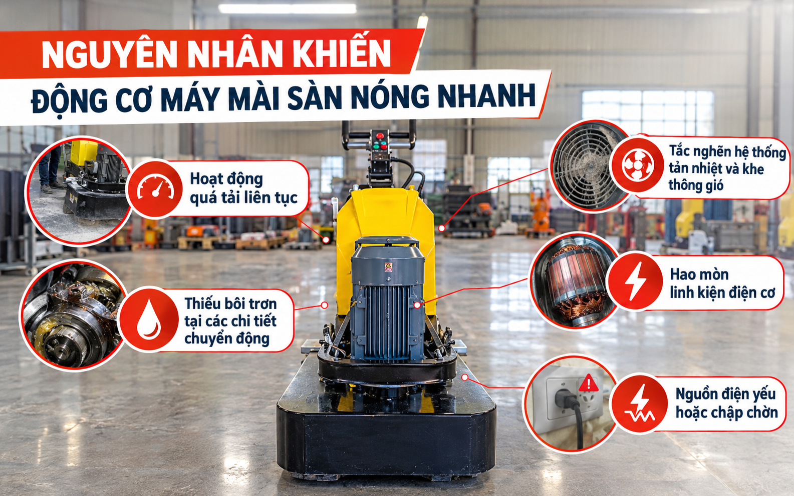 Nguyên nhân khiến động cơ máy mài sàn nóng nhanh