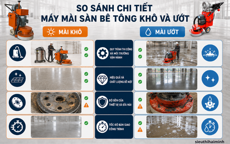 So sánh chi tiết máy mài sàn bê tông khô và ướt