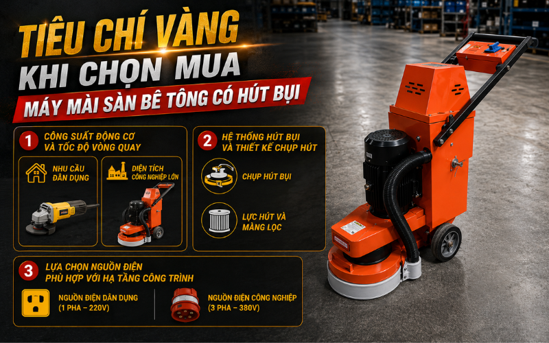Tiêu chí vàng khi chọn mua máy mài sàn bê tông có hút bụi