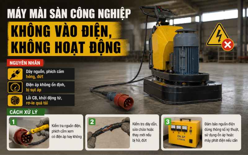 Máy mài sàn công nghiệp không vào điện, không hoạt động
