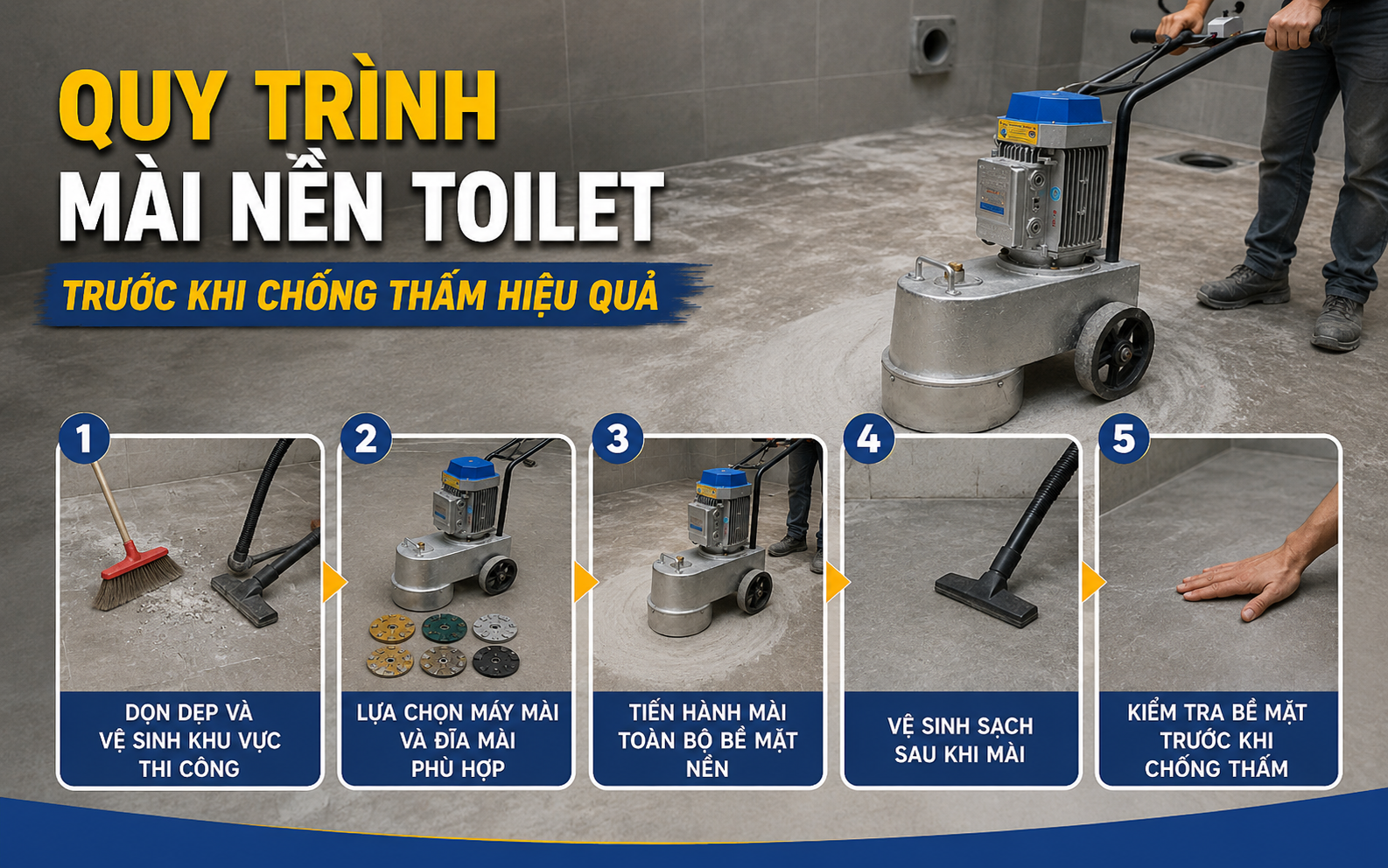 Quy trình mài nền toilet trước khi chống thấm hiệu quả
