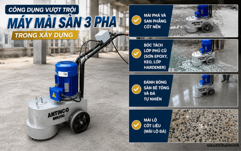 Công dụng vượt trội của máy mài sàn 3 pha trong xây dựng