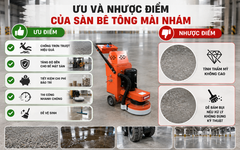 Ưu và nhược điểm của sàn bê tông mài nhám