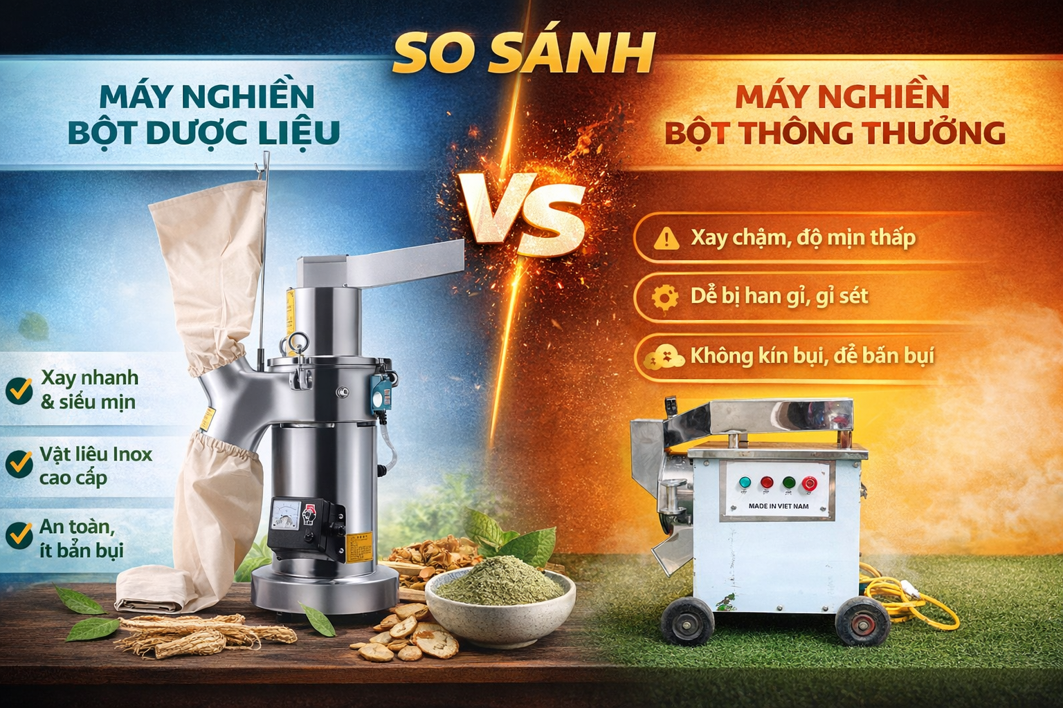 So sánh máy nghiền bột dược liệu và máy nghiền thông thường