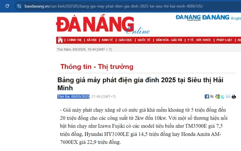 Giá máy phát điện gia đình cập nhật mới nhất 2025