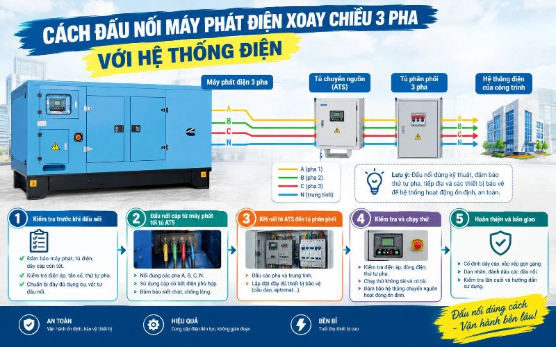 Cách đấu nối máy phát điện xoay chiều 3 pha với hệ thống điện