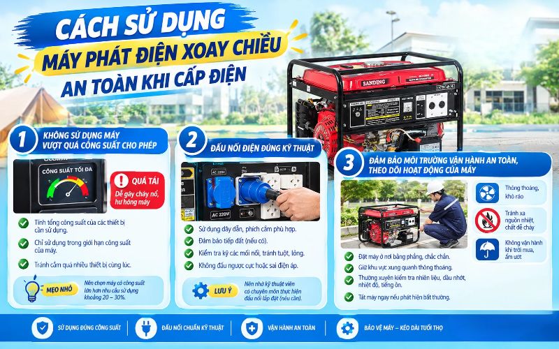 Cách sử dụng máy phát điện xoay chiều an toàn khi cấp điện