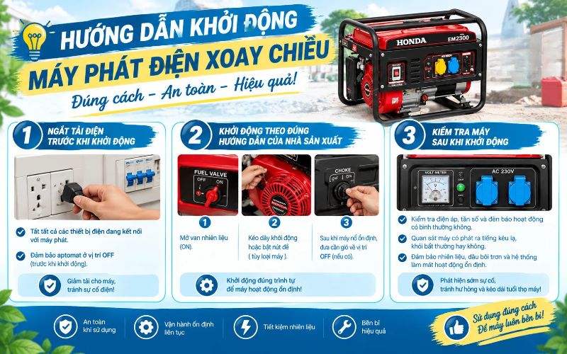 Hướng dẫn khởi động máy phát điện xoay chiều đúng cách