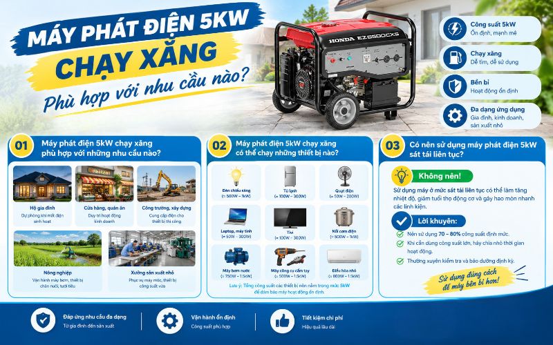 Máy phát điện 5kW chạy xăng phù hợp với nhu cầu nào?