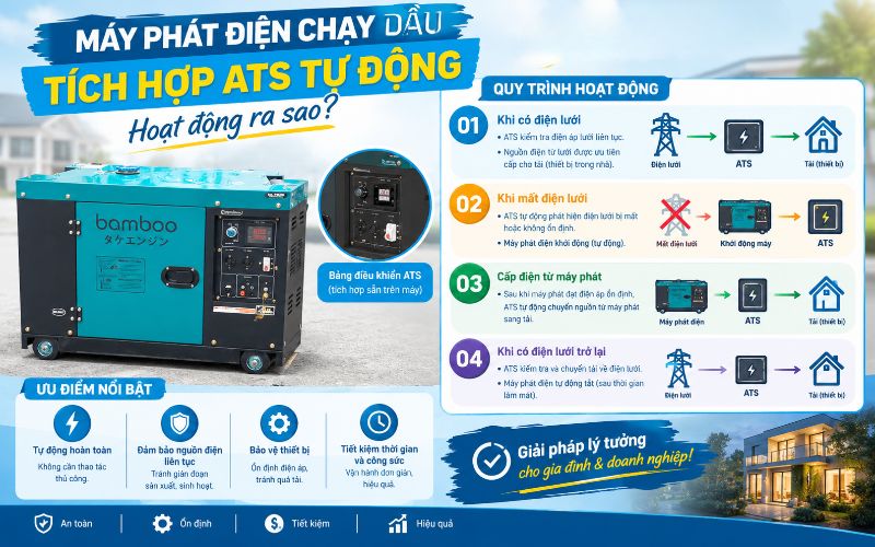 Máy phát điện chạy dầu tích hợp ATS tự động hoạt động ra sao?