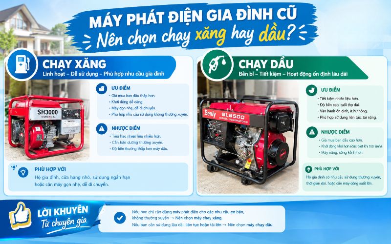 Máy phát điện gia đình cũ nên chọn chạy xăng hay dầu?