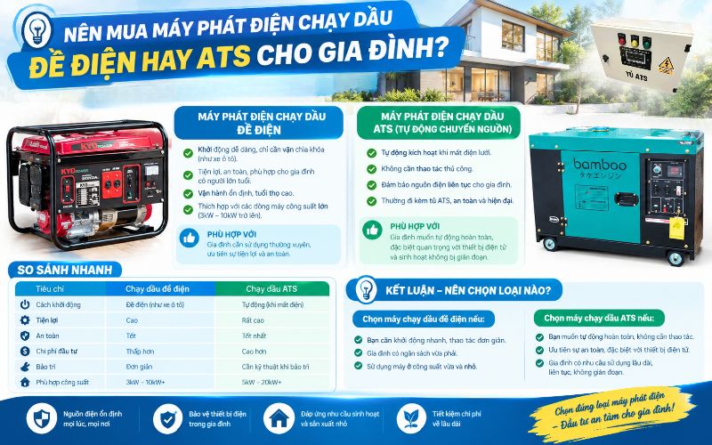 Nên mua máy phát điện chạy dầu đề điện hay ATS cho gia đình