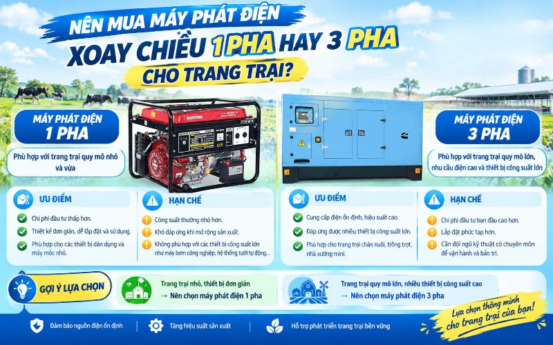 Nên mua máy phát điện xoay chiều 1 pha hay 3 pha cho trang trại