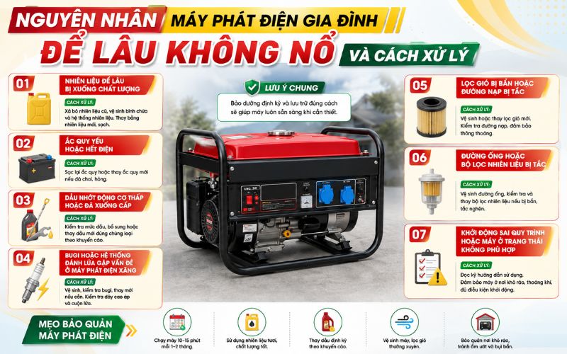 Nguyên nhân máy phát điện gia đình để lâu không nổ và cách xử lý