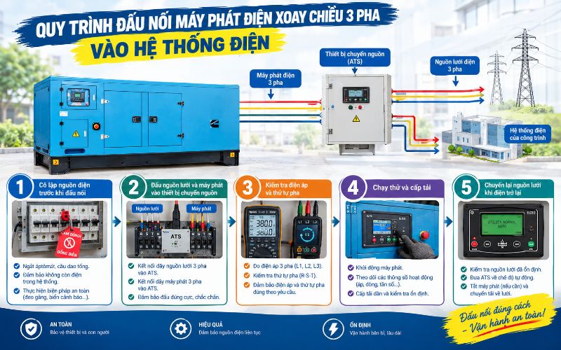 Quy trình đấu nối máy phát điện xoay chiều 3 pha vào hệ thống điện