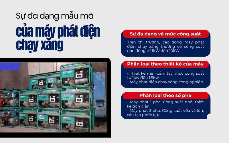 Sự đa dạng mẫu mã của máy phát điện chạy xăng